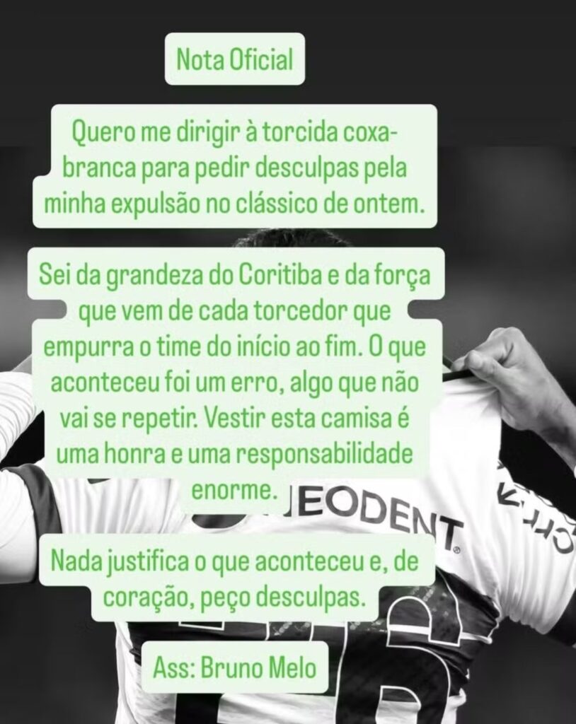 Bruno Melo pede desculpas a torcida do Coritiba (Foto: Reprodução/Instagram)